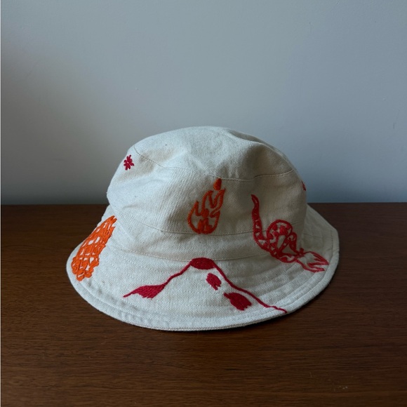 Cream Bucket Hat with Red and Orange Hand Embroidery - Picture 1 of 3